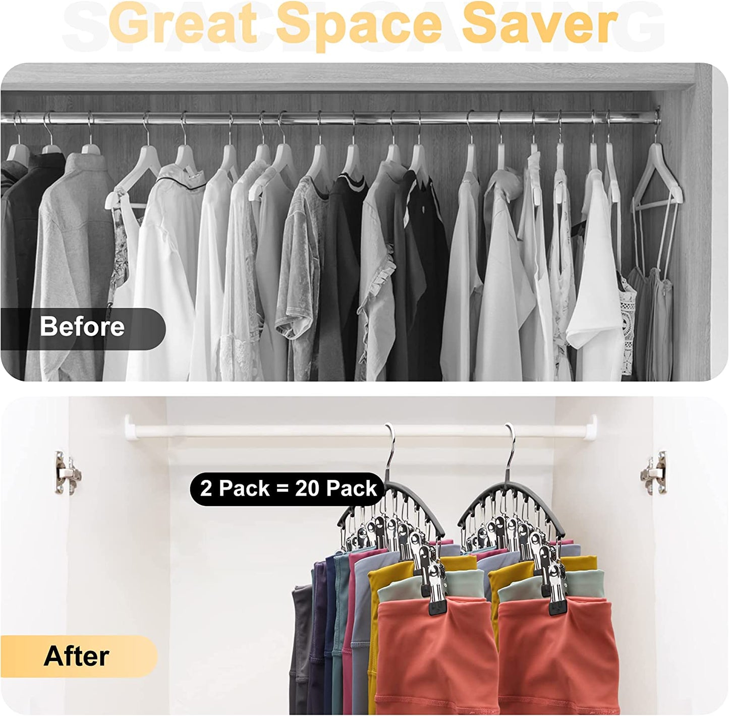 Legging Organizer - Closet Metal Pants Hangers (2 Pack) -10 Clips, Space-Saving Hanging Storage Solution - Rubber Coated Organizers, Black