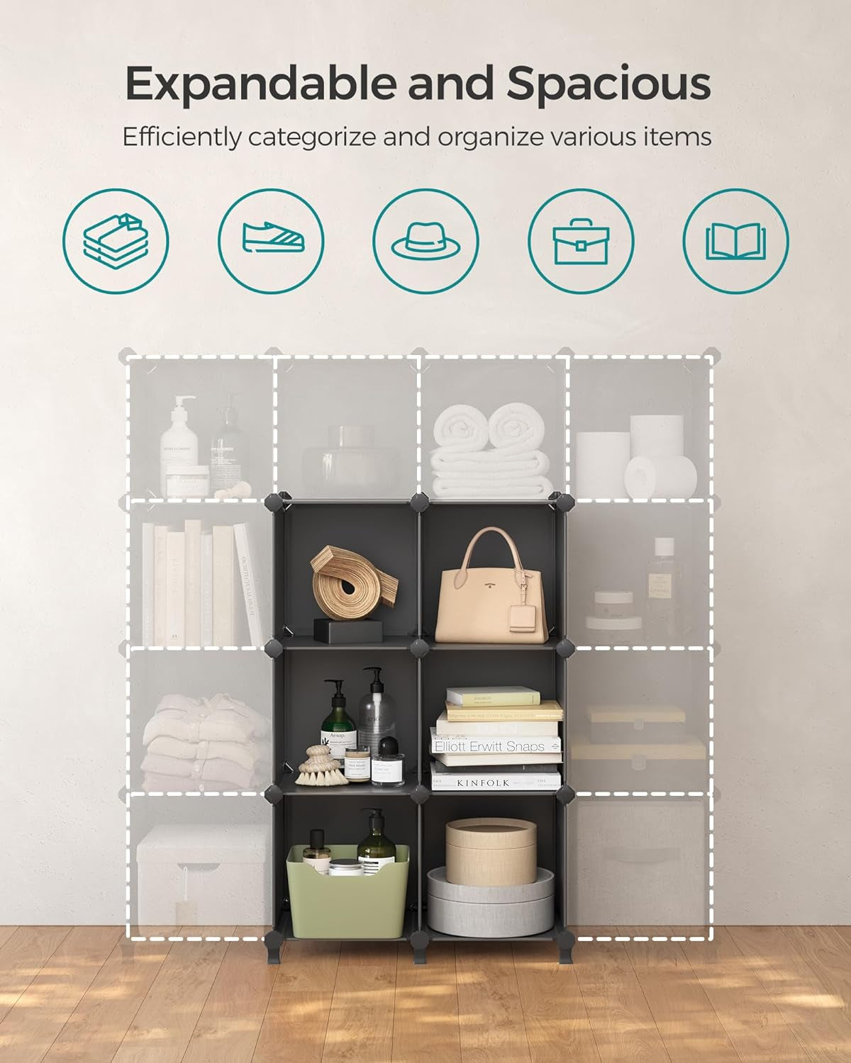 6 Cube Storage Organizer, DIY Closet Shelf, Plastic Clothes Organizer, Modular, 11.8 X 11.8 X 11.8 Inch Cubes, with Feet and Rubber Mallet, Black