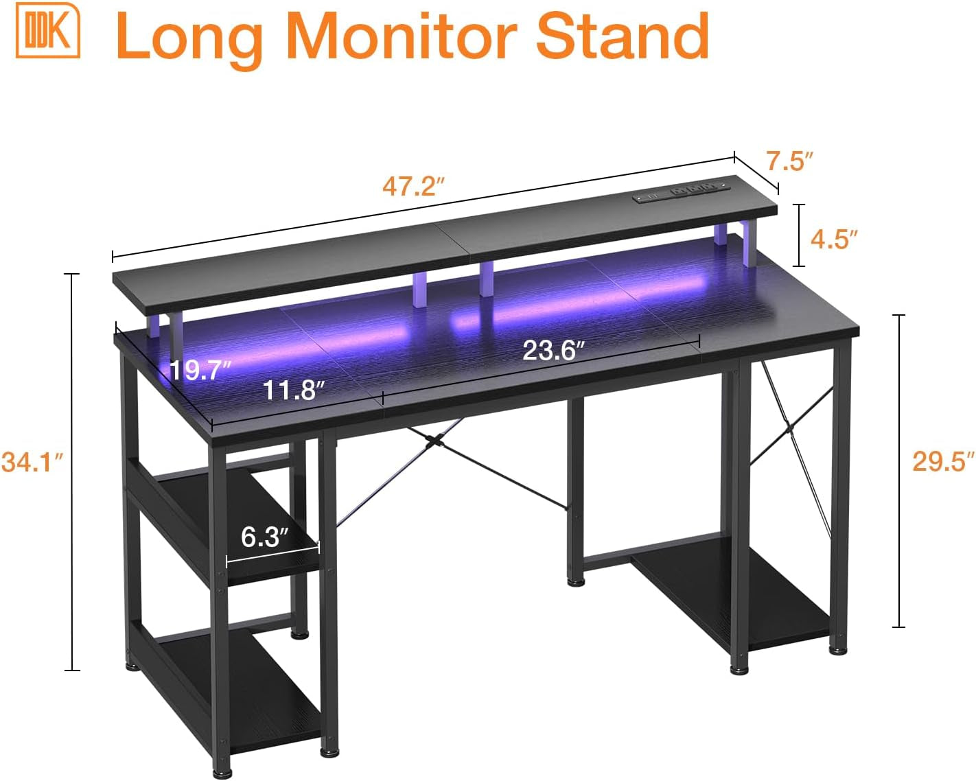 48-Inch Gaming Desk with LED Lighting and Power Outlet, Featuring Storage Shelves and Monitor Stand, Black