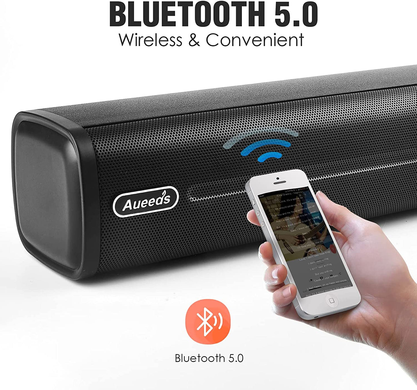 Compact 50W Soundbar for TVs - 16-Inch Ultra-Slim Mini Surround Sound System - Wireless Bluetooth 5.0, Optical, AUX, USB Connectivity