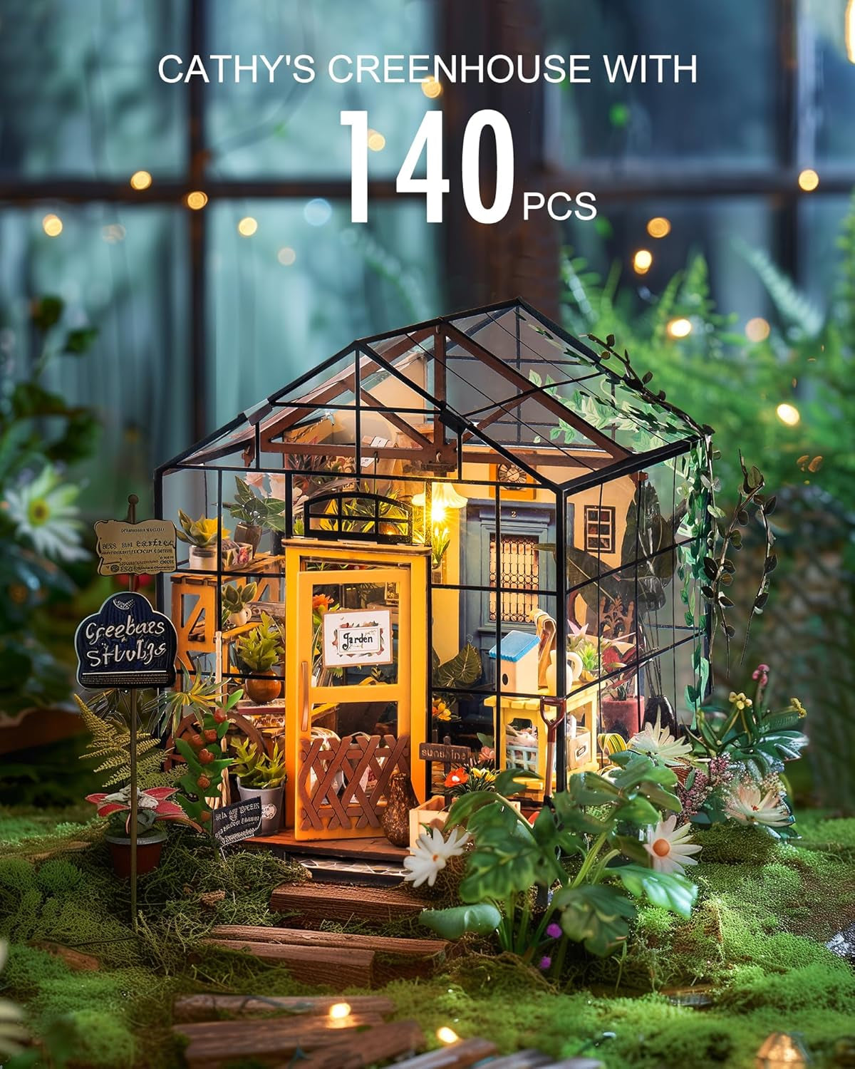 DIY Miniatures Dollhouse Kit, Miniature Greenhouse DIY Craft Kits for Adult to Build Tiny House Model with Lights and Removable Model Plants, Birthday Gift for Friends (Casey'S Greenhouse)