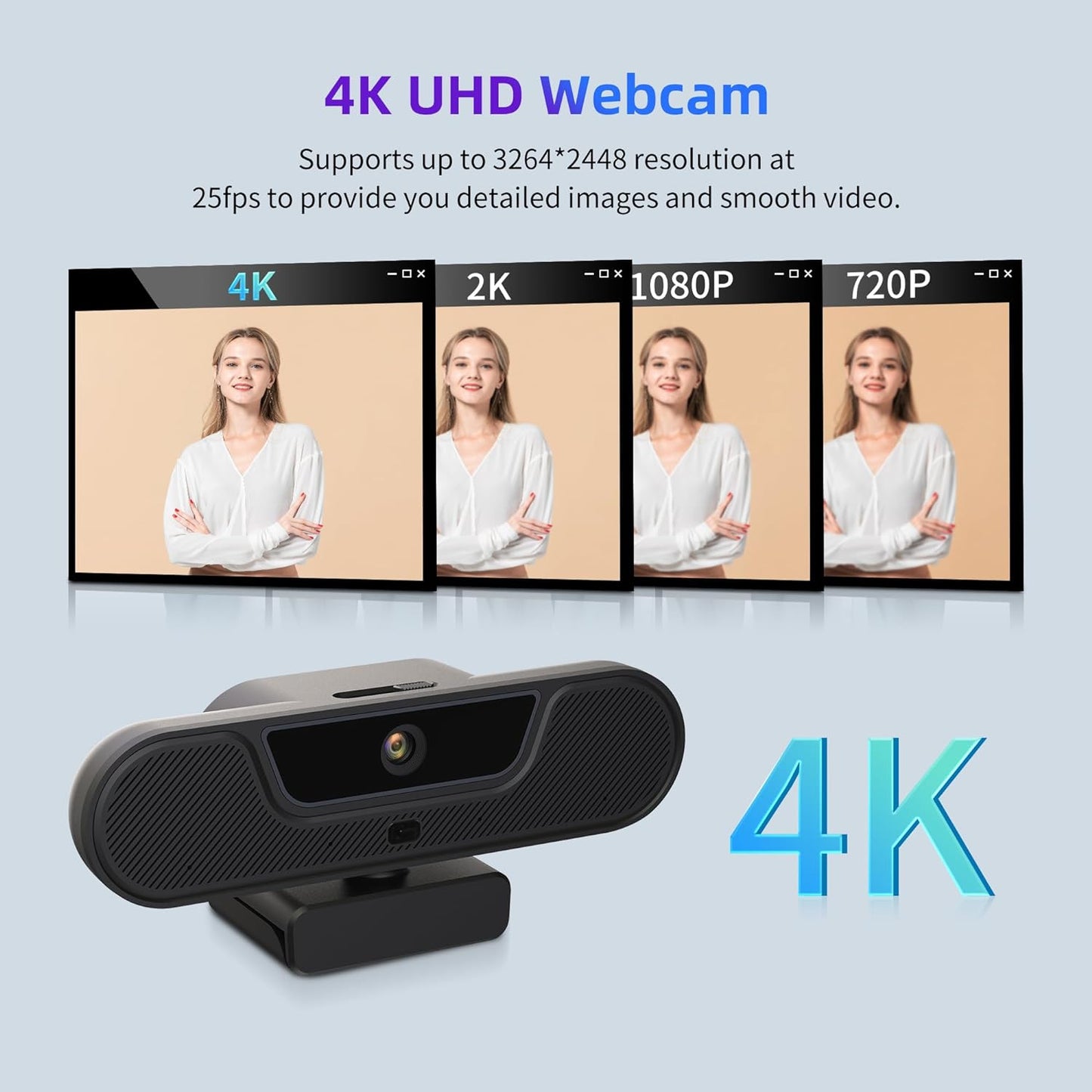 4K UHD PTZ Webcam with Integrated Speaker - Four Microphones, Remote Control, Digital Zoom, Autofocus, Privacy Cover, Tripod
