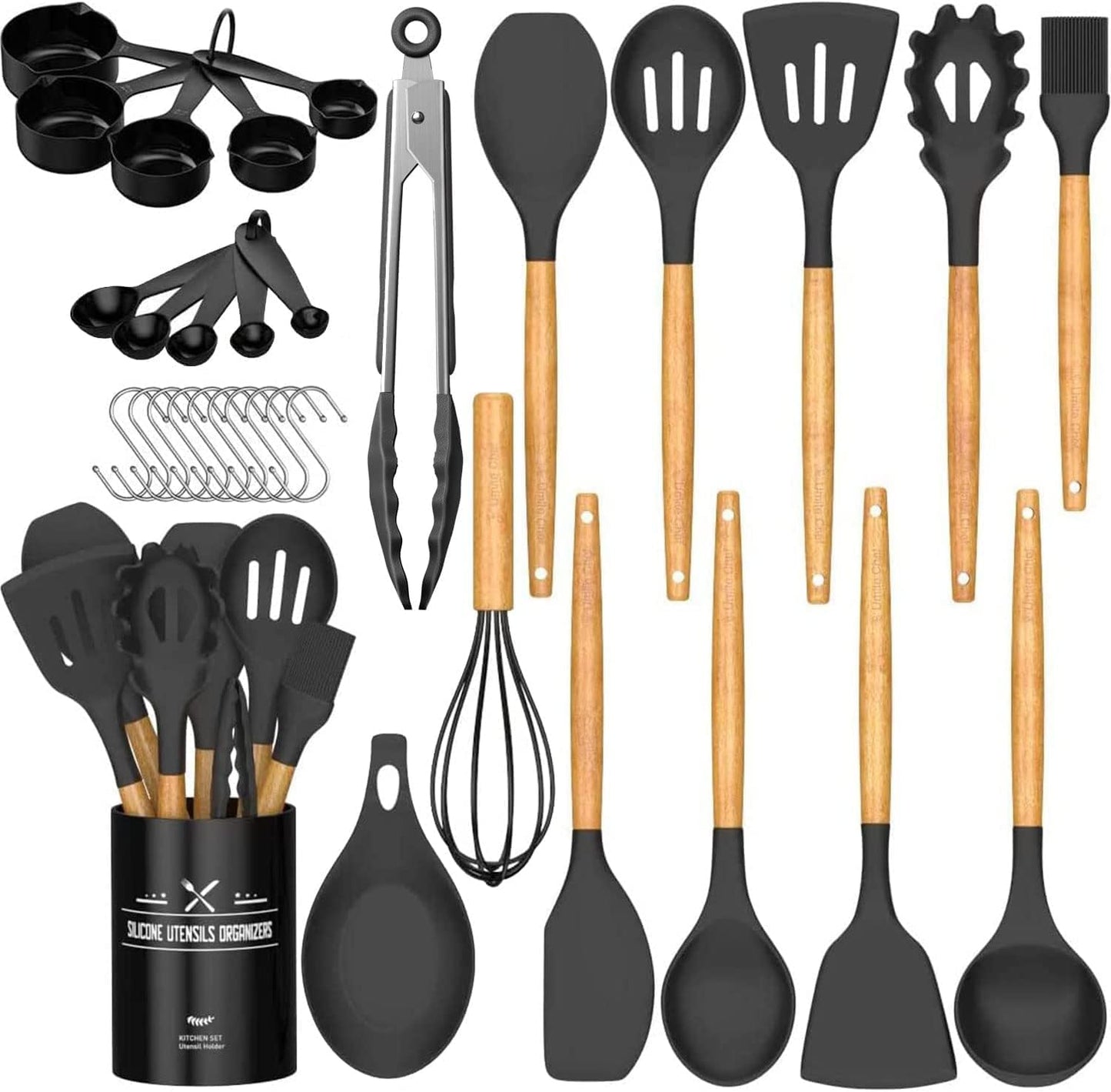 33-Piece Non-Stick Silicone Kitchen Utensils Set with Wooden Handles and Holder (Khaki)