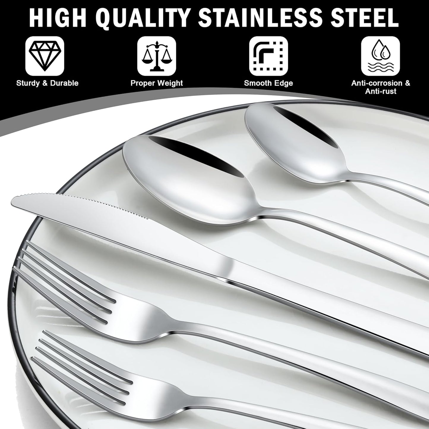 60-Piece Stainless Steel Flatware Set for 12, Includes Knives, Forks, and Spoons, Dishwasher Safe