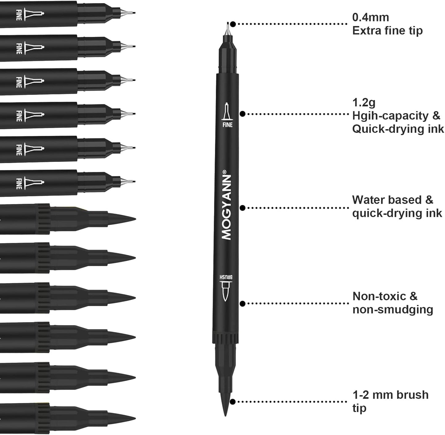 Dual Brush Pens Set - 12 Pack Black Markers for Art Drawing and Sketching
