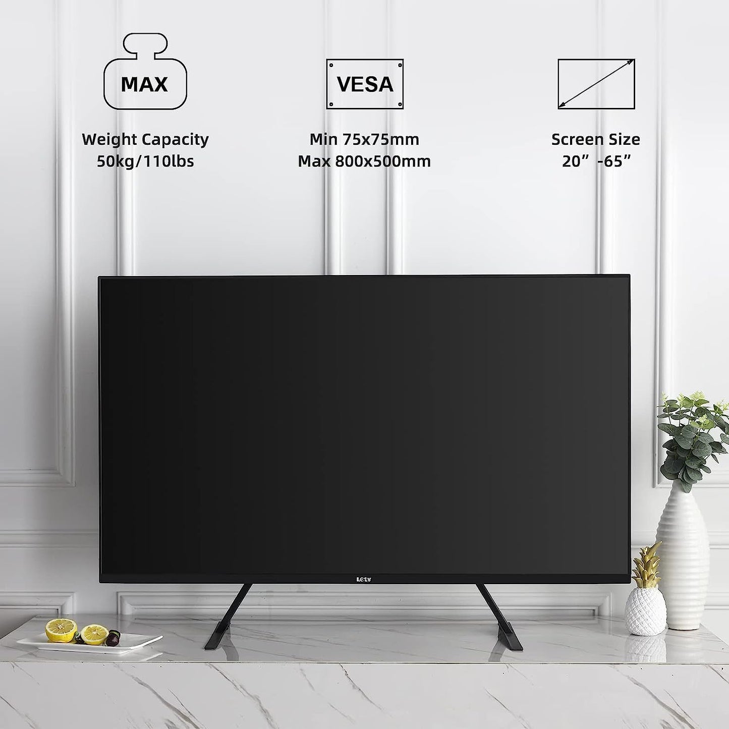 Universal TV Stand with Adjustable Metal Legs for 22-65 Inch Flat and Curved Screens, VESA 75x75mm to 800x400mm