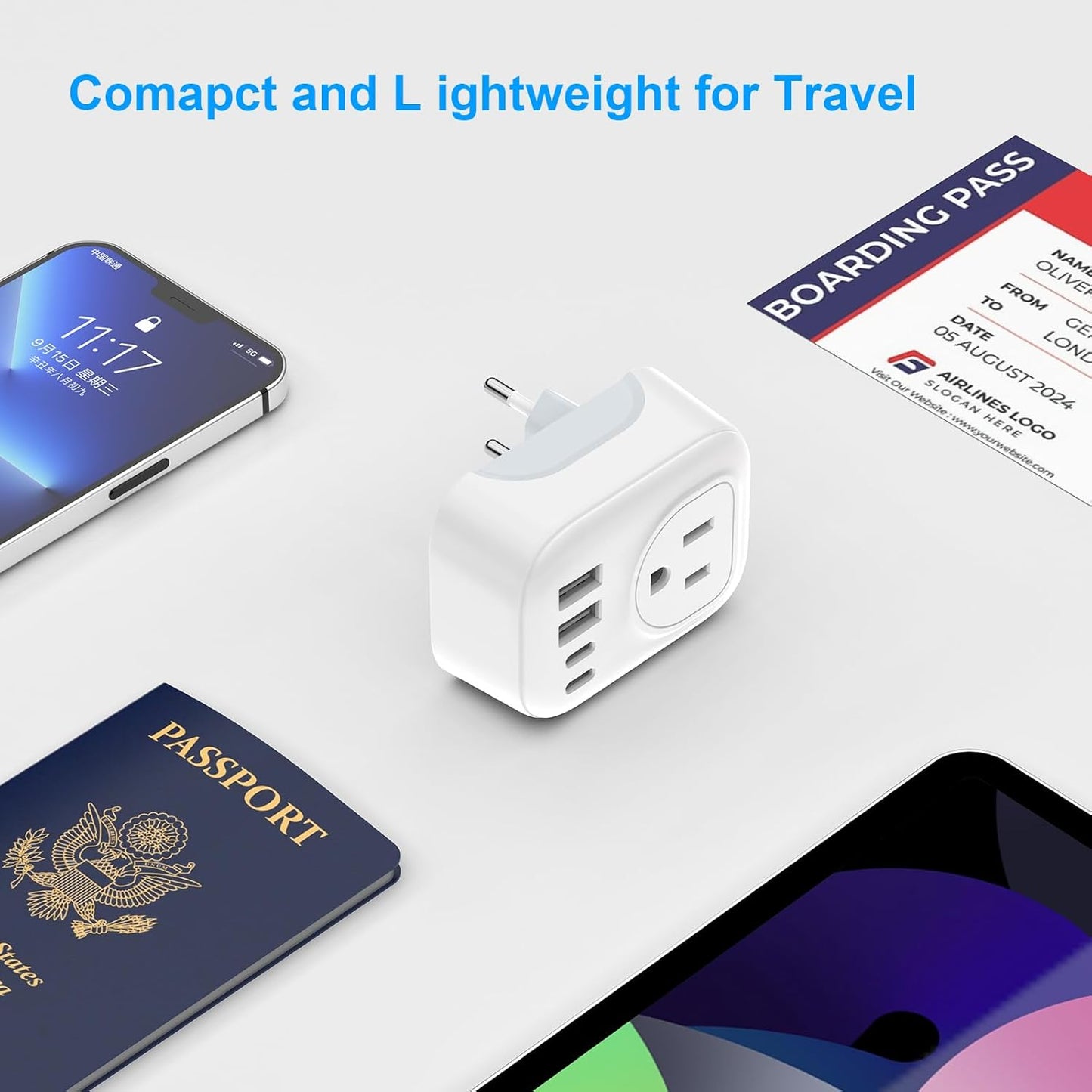 European Travel Plug Adapter, International Power Plug with 2 AC Outlets 4 USB Ports(2 USB C), Type C Travel Essentials Charger for Canada to Most of Europe EU Italy Spain France