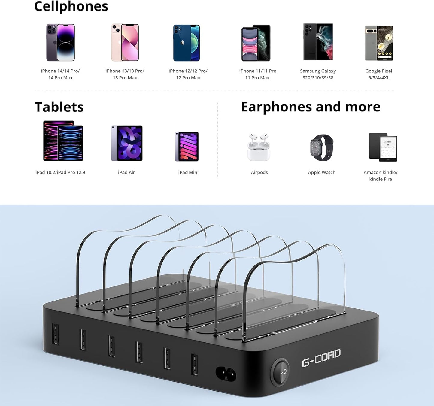 6-Port USB Charging Station with Detachable Docking Station for Smartphones and Tablets, Includes 6 Mixed Cables