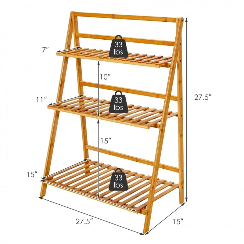 Foldable 3-Tier Bamboo Plant Stand Display Shelf for Balconies