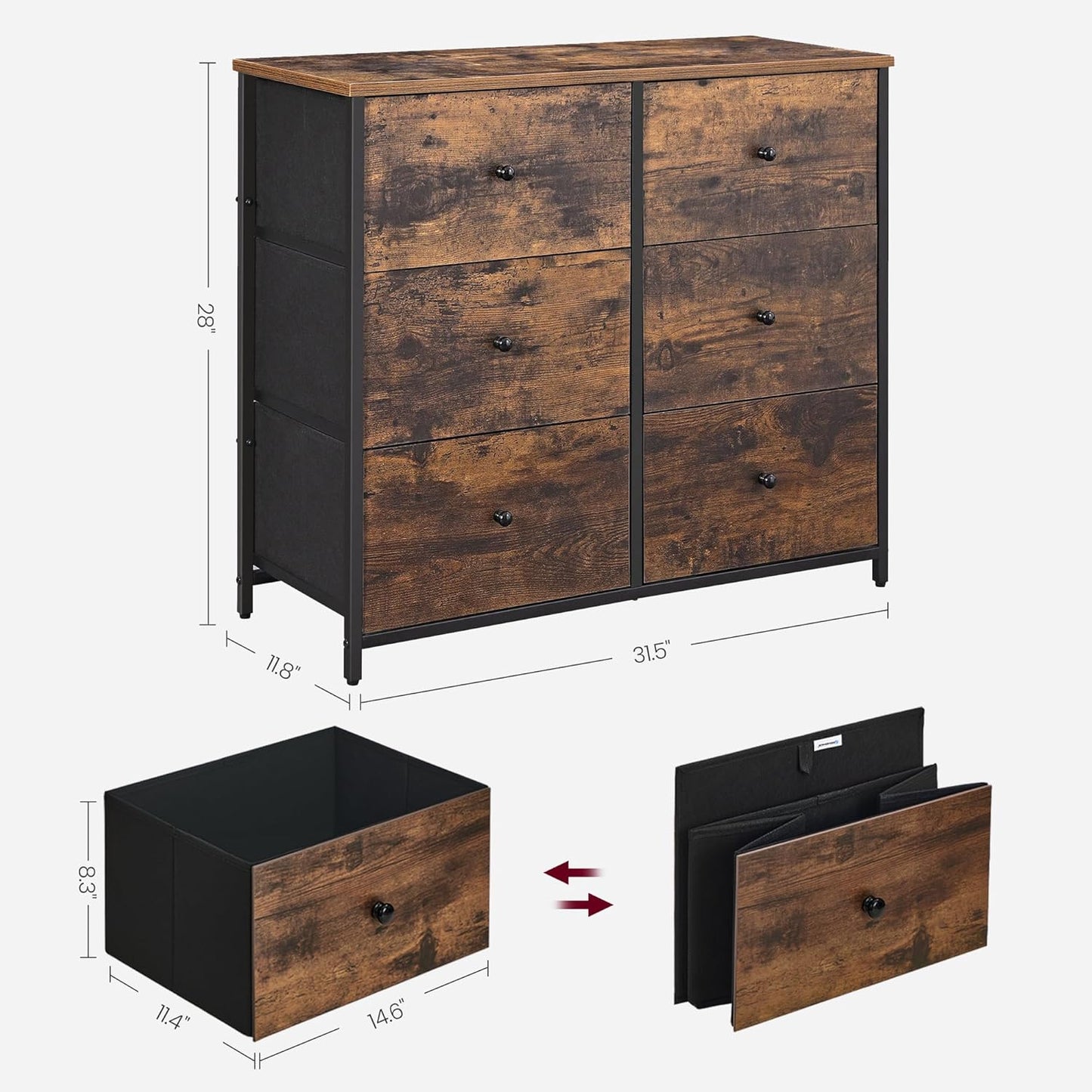 6-Drawer Bedroom Dresser with Metal Frame, Rustic Brown and Classic Black Finish