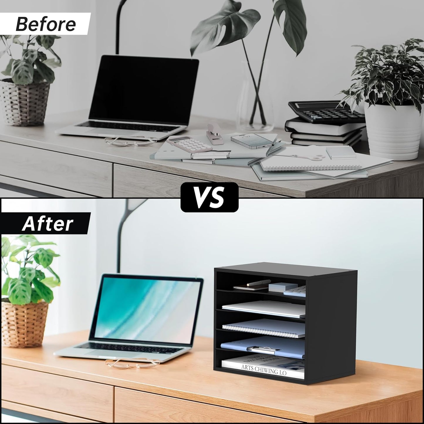 5-Tier Wooden Desk Organizer for Efficient Paper, Literature, and Mail Sorting - Black