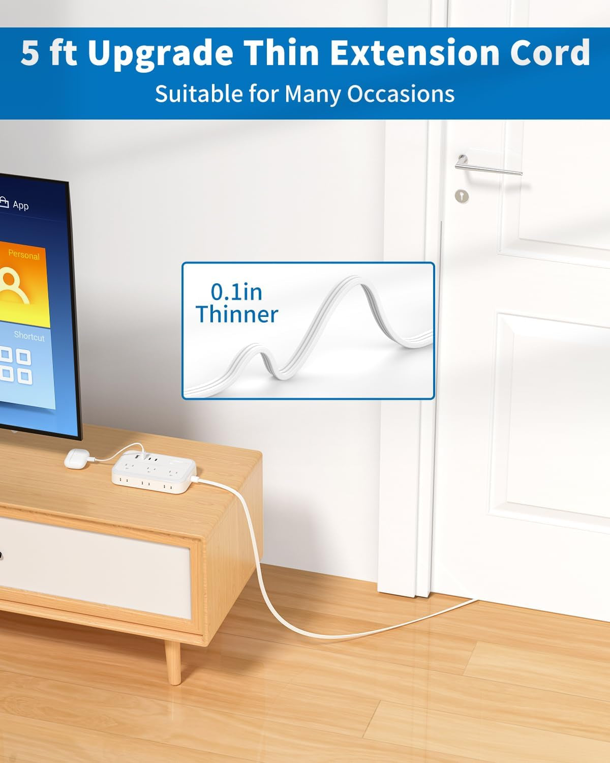 Flat Plug Surge Protector Power Strip - 6 Outlets and 4 USB Ports (2 USB-C), 5 Ft Flat Extension Cord for Home, Office, Dorm Room Use