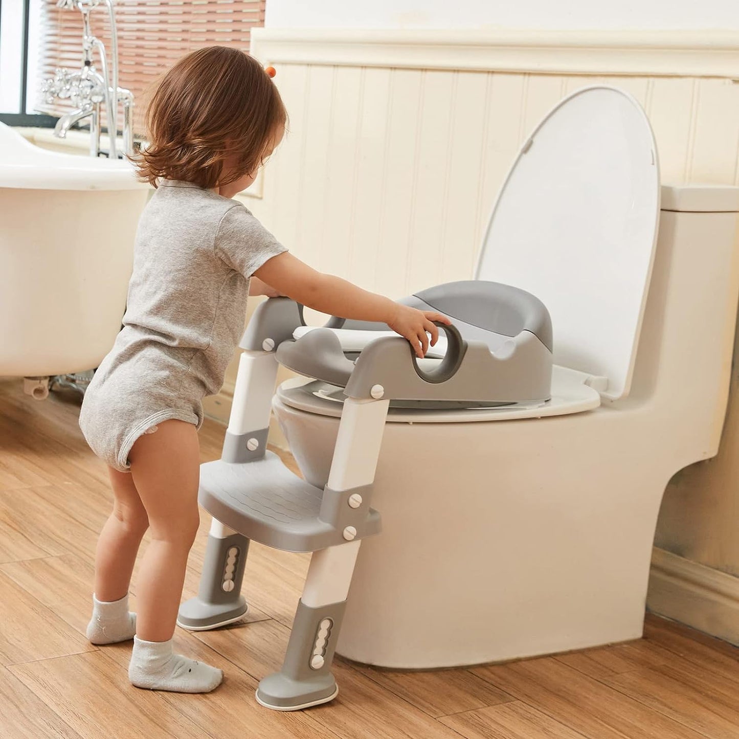 Potty Training Toilet Seat with Step Stool Ladder for Toddlers - Padded Non-Slip Design with Handles (Gray)