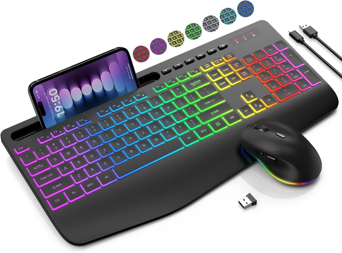 Wireless Ergonomic Keyboard and Mouse Combo with Backlit Effects, Wrist Rest, Phone Holder, and Rechargeable Silent Design