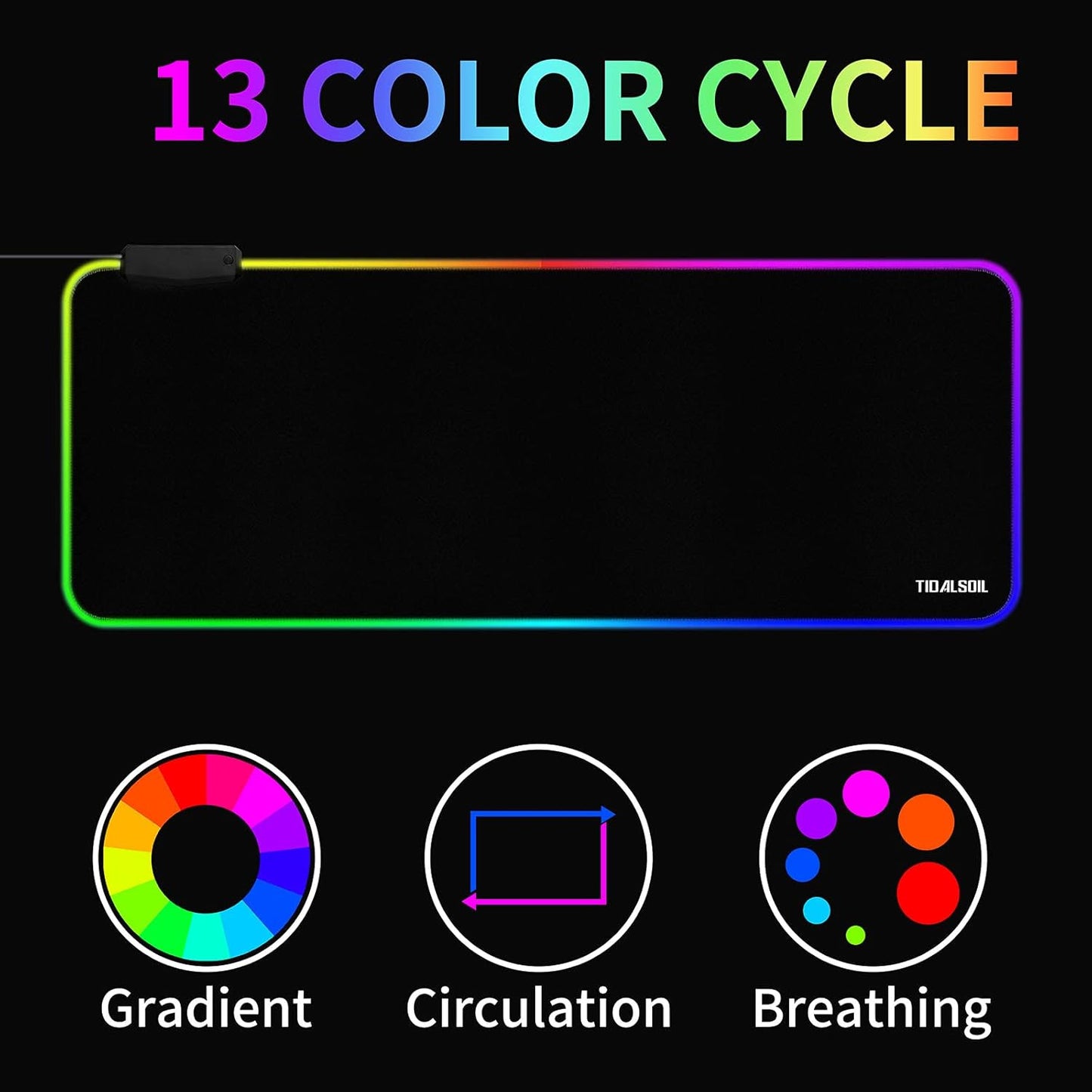 RGB Gaming Mouse Pad with 4-Port USB Hub and 13 Lighting Modes, Oversize Anti-Slip Rubber Base with Waterproof Coating Mouse Mat for Computer PC Games, 80 X 30 Cm, Black