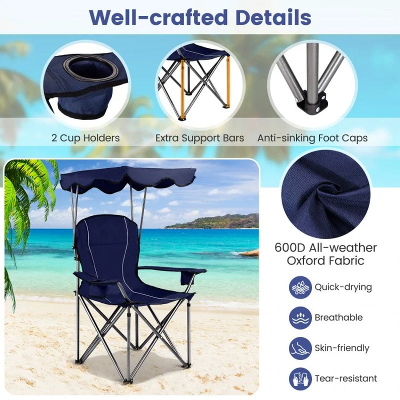 Portable Folding Beach Canopy Chair with Integrated Cup Holders