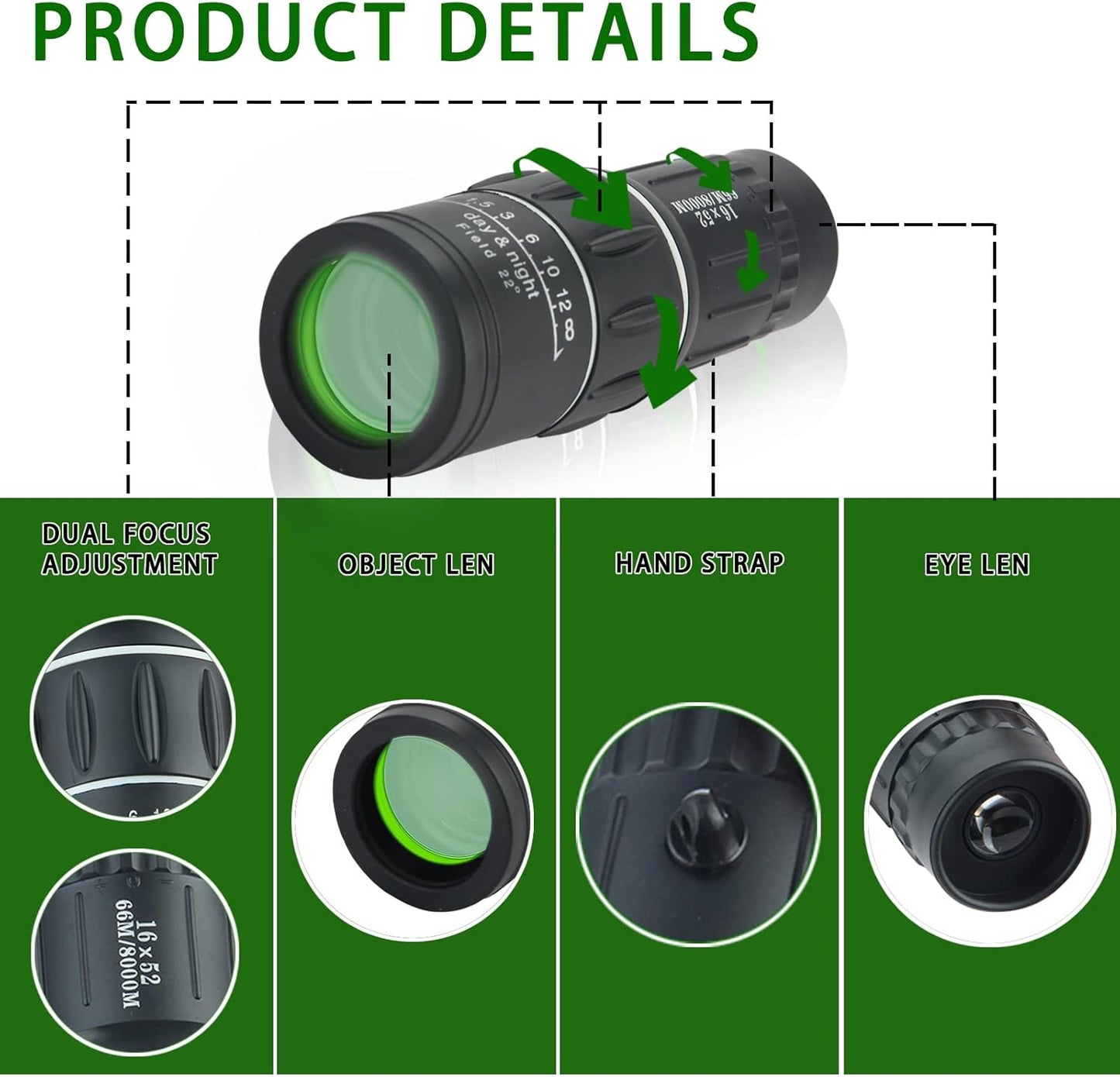 16X52 High-Power Compact Monocular Telescope for Adults and Children - Ideal for Bird Watching, Camping, Hiking, Concerts