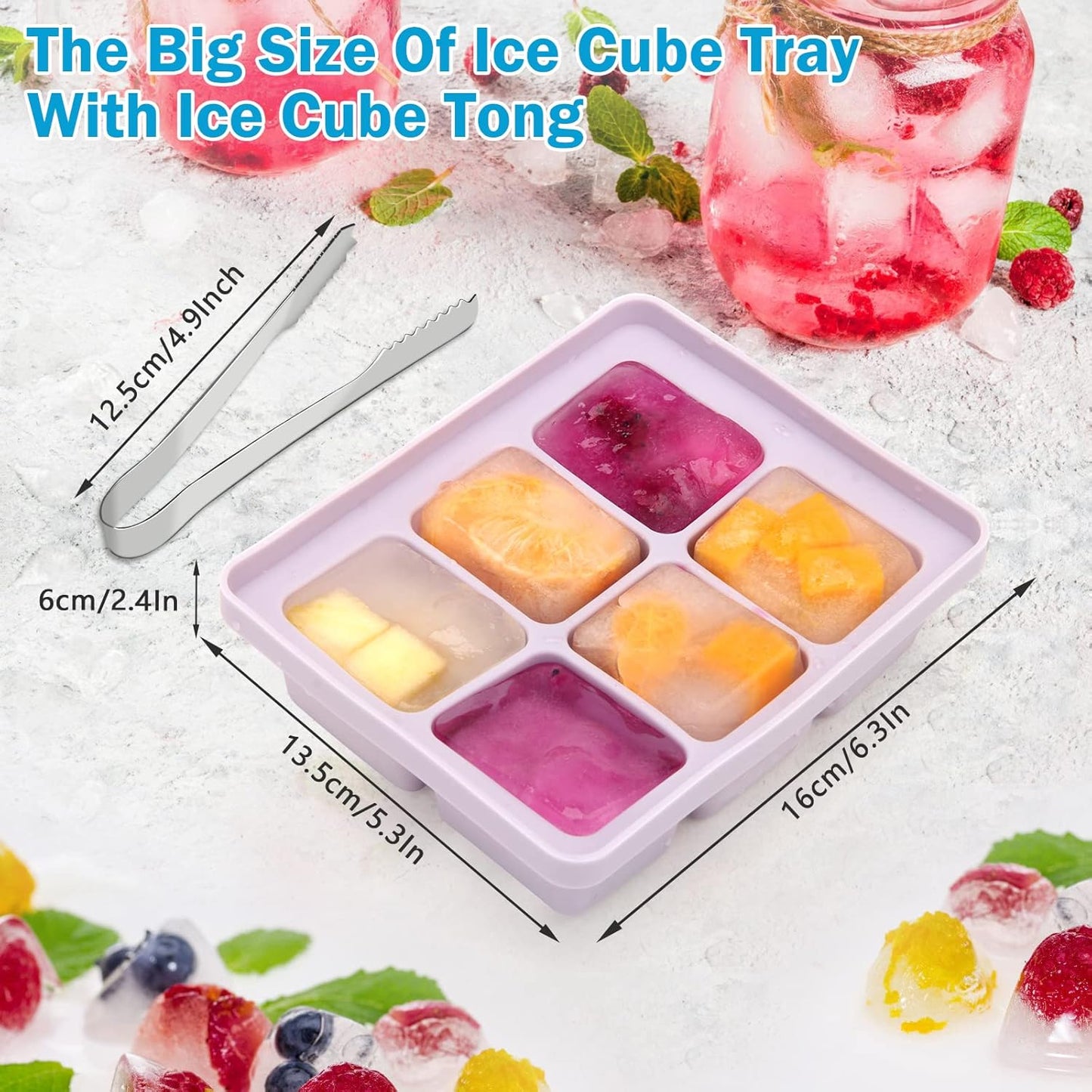 Silicone Ice Cube Tray Set with Lid and Tongs, 3-Pack Large BPA-Free Molds, Flexible Stackable Freezer Containers