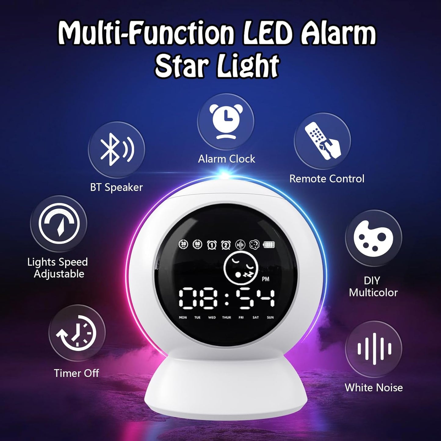 LED Star Projector Alarm Clock - Bluetooth Speaker, White Noise, Timer, Remote Control - Rechargeable Galaxy Night Light