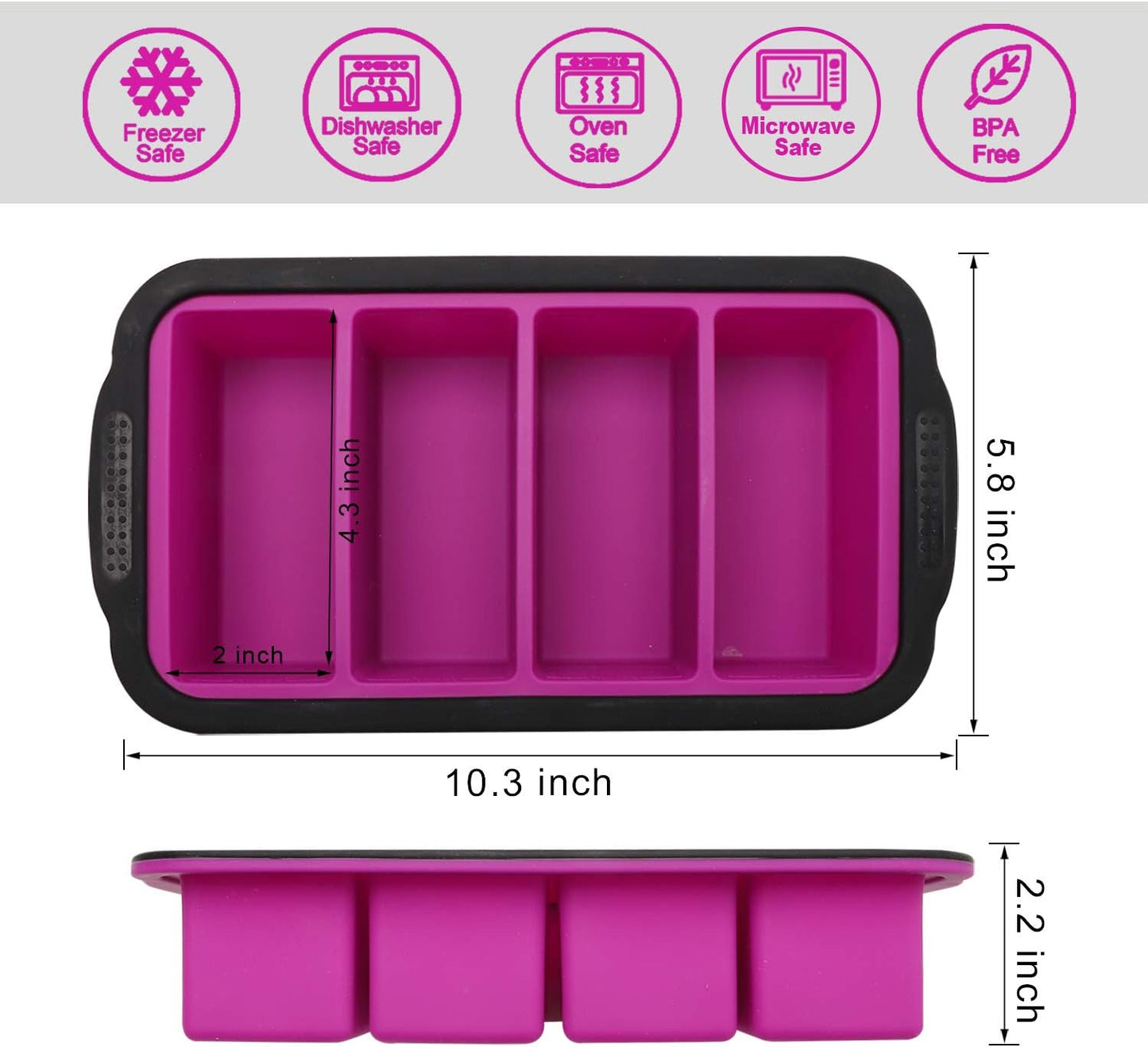 Extra Large 1-Cup Freezing Tray with Lid - Set of 2 Food Storage Molds, Ice Cube Trays- Four 1-Cup Portions (Purple)