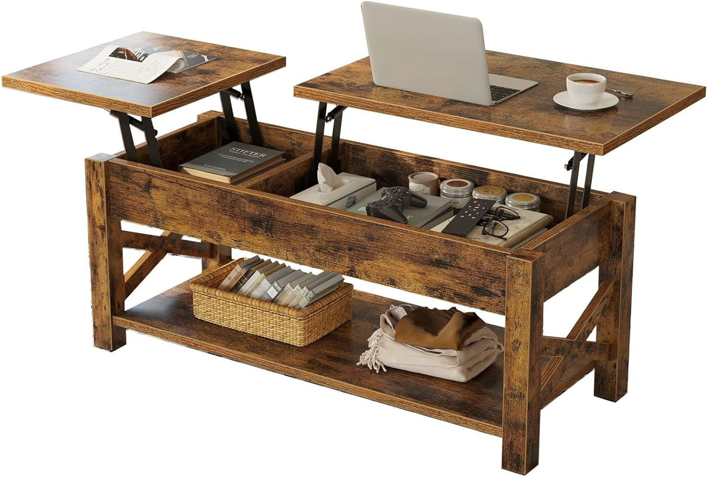 47.2" Lift Top Coffee Table with Hidden Compartment and Open Shelf, Rustic Brown Farmhouse Center Table