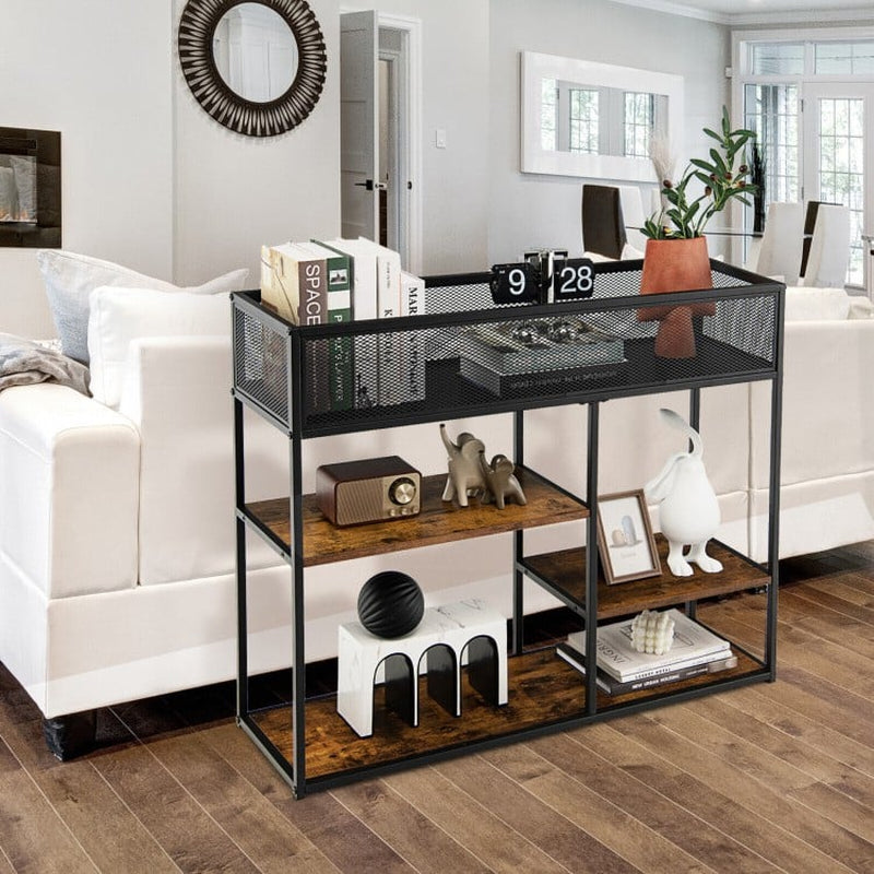 Industrial 4-Tier Console Table with Wire Basket and Shelf