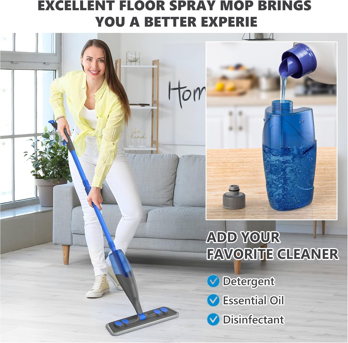Professional Spray Mop for Efficient Floor Cleaning - Microfiber Flat Mop with Refillable 635ML Bottle and 4 Washable Pads for Hardwood, Laminate, Tile, Wood, Ceramic, and Vinyl Surfaces in Home and Kitchen