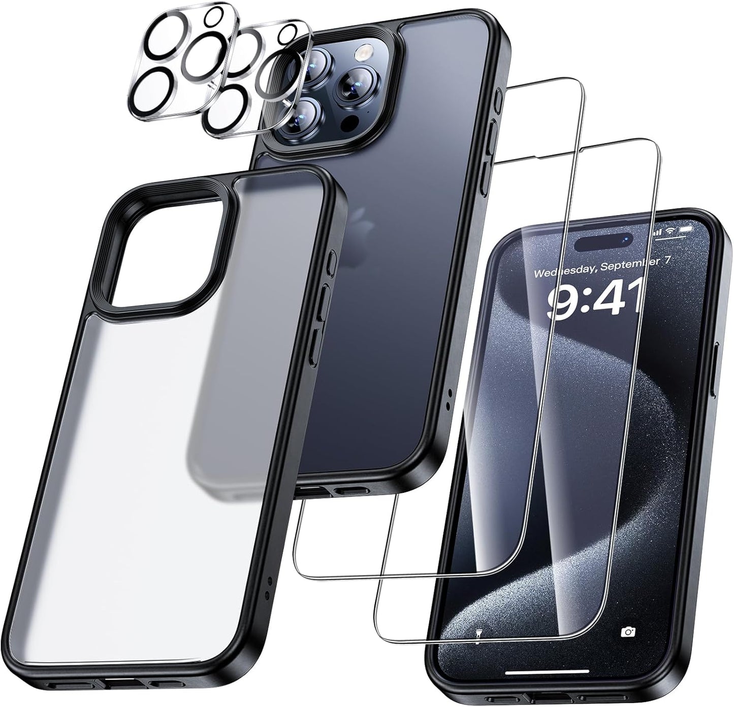 5-in-1 Case for iPhone 15 Pro Max - 2 Tempered Glass Screen Protectors - 2 Camera Lens Protectors, Shockproof, Anti-Scratch - Clear