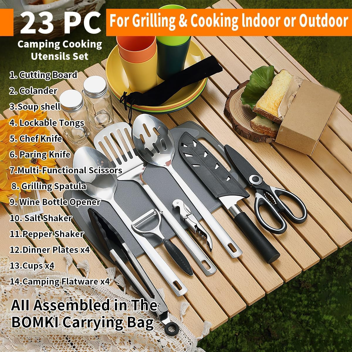 Camping Essentials: Comprehensive Cooking Utensils Set with Silverware, Plates, and Cups for Outdoor Stoves, Picnics, and BBQs