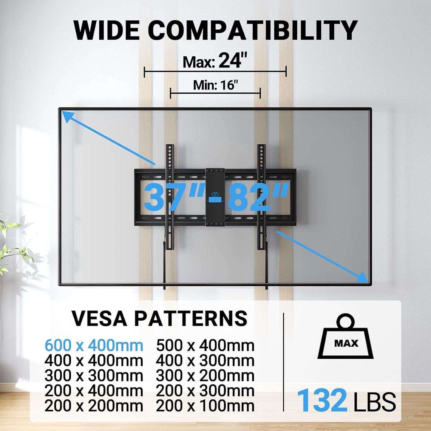 Fixed TV Wall Mount Bracket - 32-82 Inch LED, LCD, OLED Flat Screen - Compatible -16”-24” Wood Studs, Supports Up to 132 lbs,