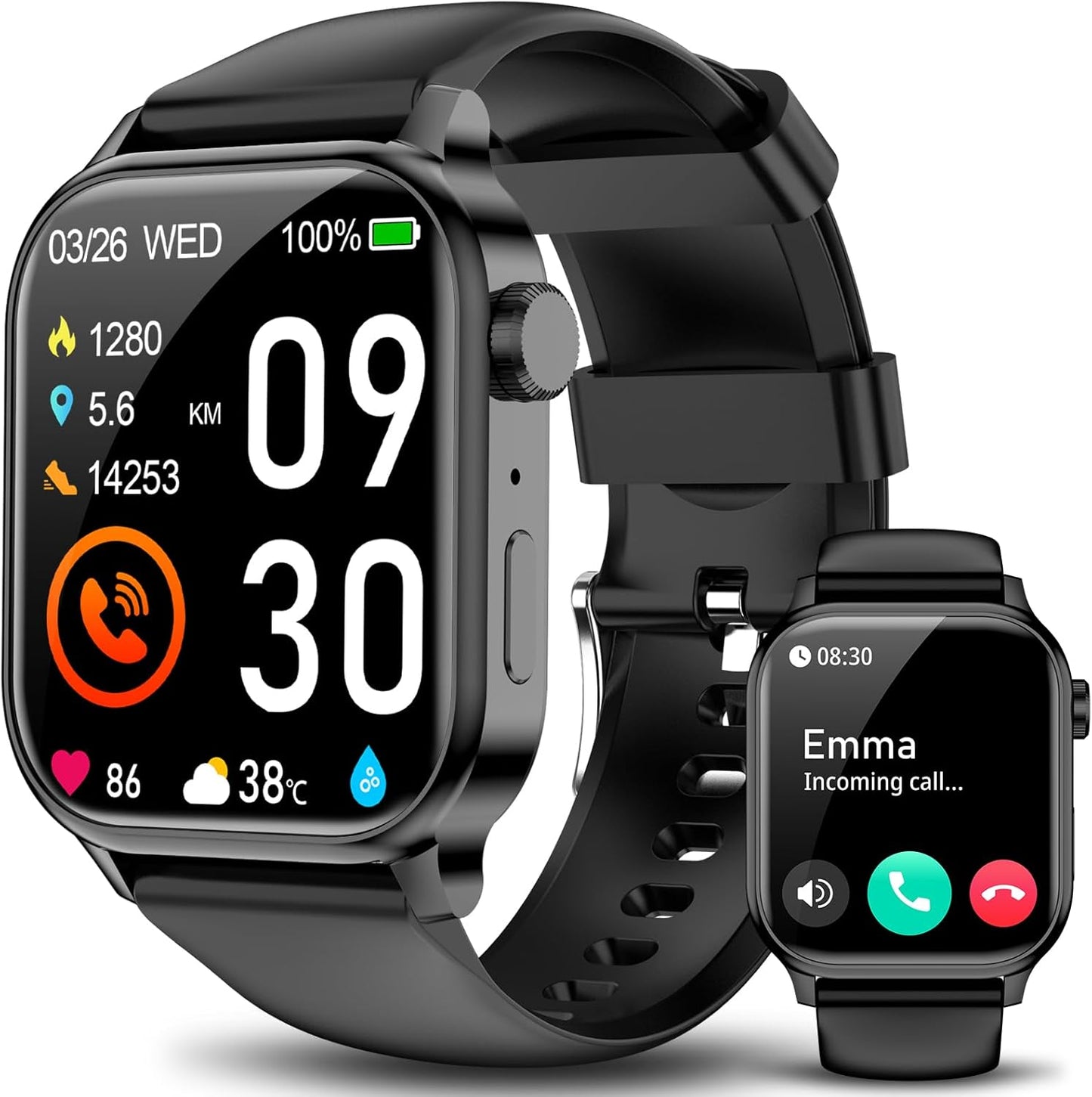 Premium Bluetooth Smart Watch for Men and Women - 1.85" HD Touch Screen Fitness Tracker with IP67 Waterproof Rating, Heart Rate and Sleep Monitoring, 100+ Sports Modes, Compatible with iOS and Android (Black)