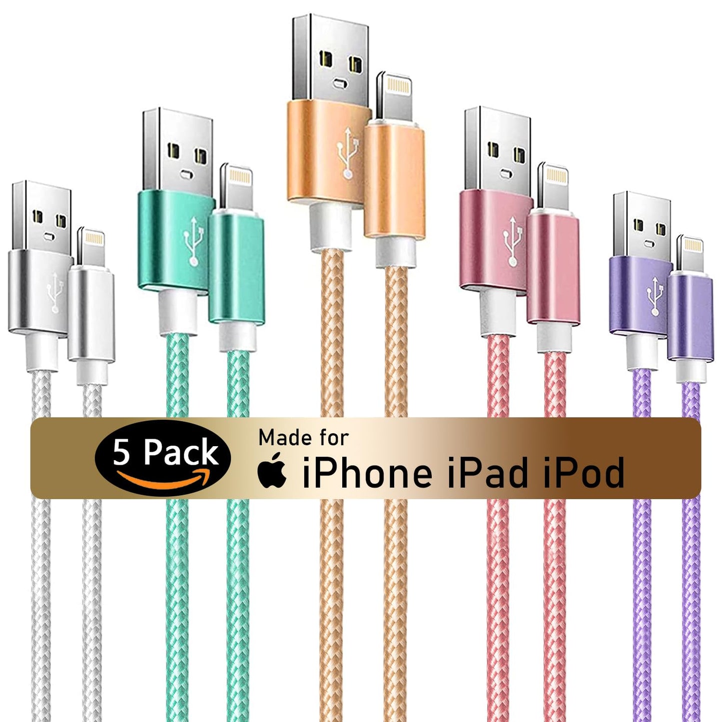 iPhone Charger Cable Set, 5-Pack (3ft, 6ft, 10ft) MFi Certified Nylon Braided Lightning Cables - iPhone 14, 13, 12, 11, XS Max, XR, X, 8, 7, 6S Plus, Compatible - iPad and AirPods