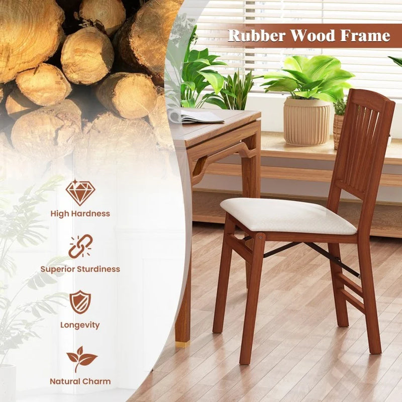 Set of 2 Folding Dining Chairs with Padded Seats and Rubberwood Frames