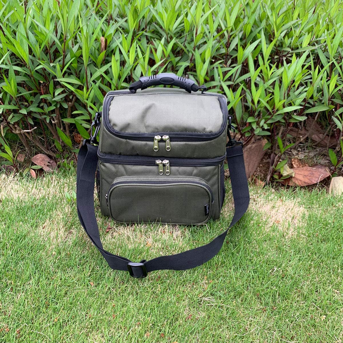 Insulated Adult Lunch Bag - Large Double Layer Cooler Tote with Adjustable Strap, Front Pocket, and Mesh Side Pockets in Army Green