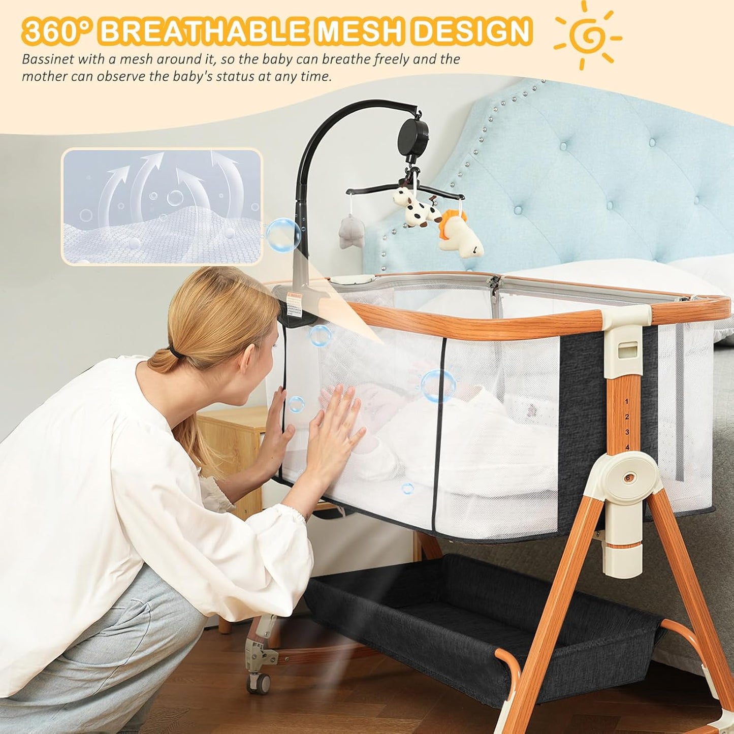 3-in-1 Adjustable Height Baby Bassinet - Musical Toy, Wheels, Storage Basket - 4-Sided Mesh Bedside Sleepe, Newborns (0-6 Months) Black