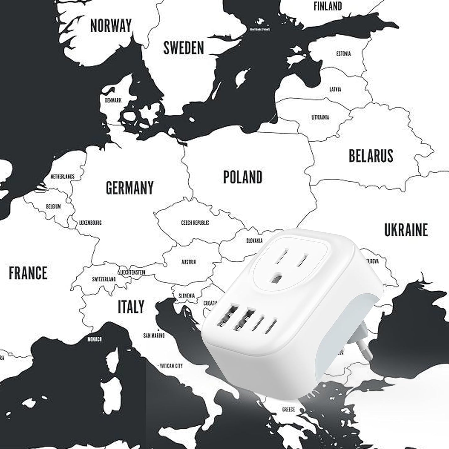 European Travel Plug Adapter, International Power Plug with 2 AC Outlets 4 USB Ports(2 USB C), Type C Travel Essentials Charger for Canada to Most of Europe EU Italy Spain France