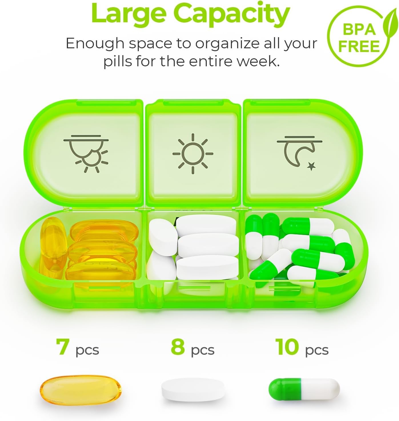 Weekly Pill Organizer with Three Daily Compartments - Portable 7-Day Medication Case with Spacious Individual Sections for Vitamins, Fish Oil, and Supplements
