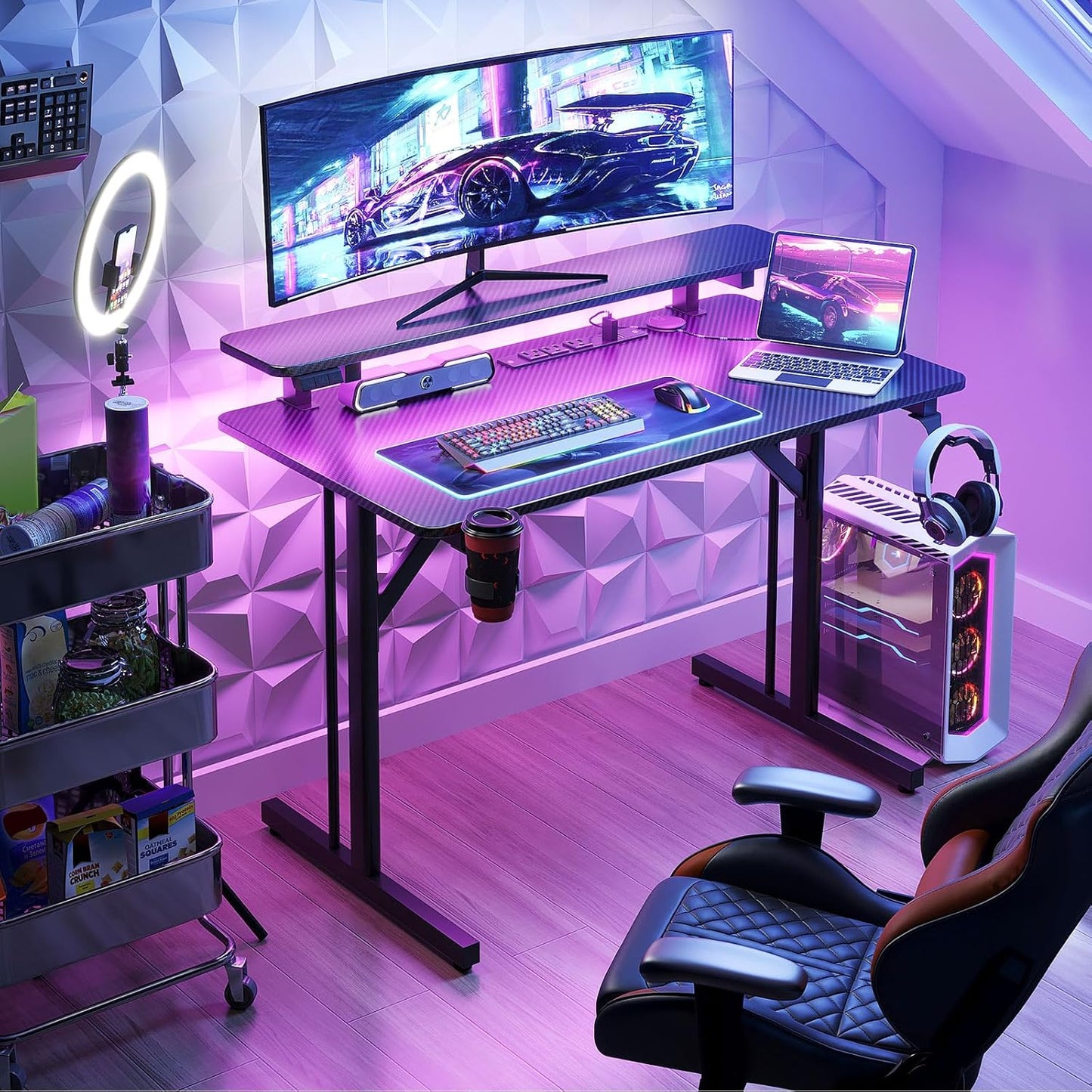 31-Inch Gaming Desk with LED Lighting and Power Outlets, Carbon Fiber Texture Computer Table with Monitor Shelf