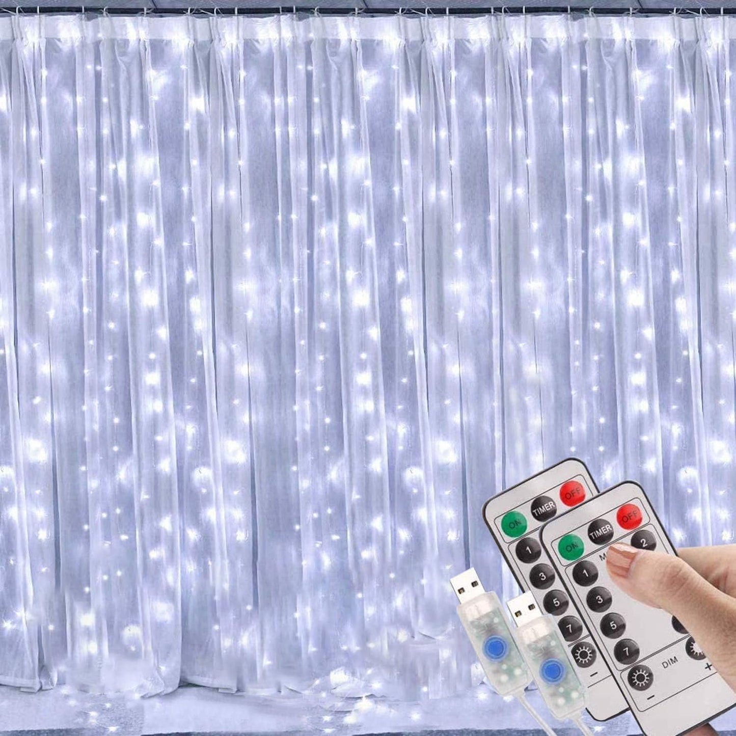 300 LED Warm White Curtain Fairy Lights with 8 Modes, USB Powered Icicle String Lights with Remote and Timer for Indoor and Outdoor Decoration (9.8 x 9.8 Ft)