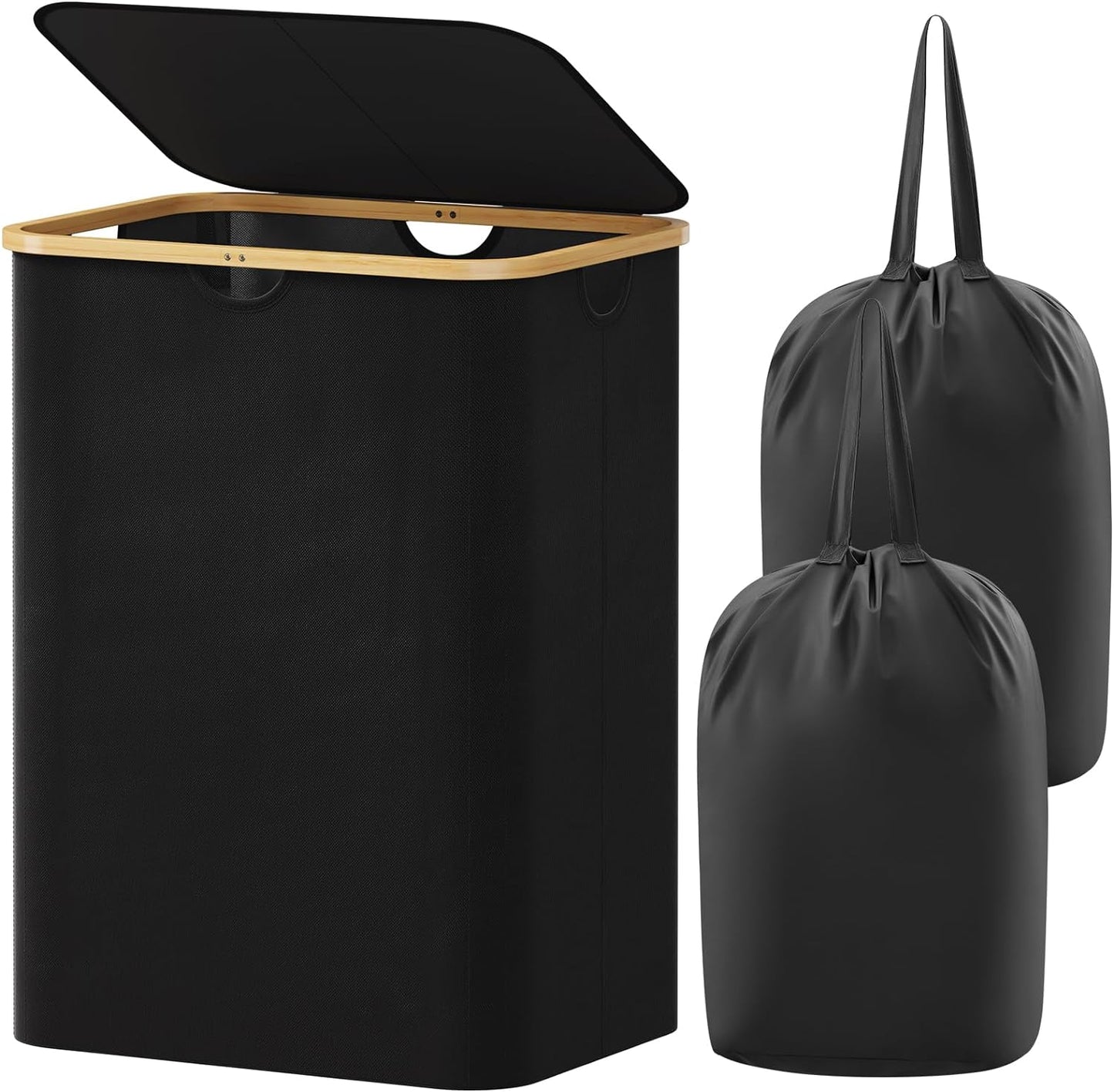 Premium Collapsible Laundry Hamper with Lid and Removable Bag, 100L Tall Storage Bin with Bamboo Handles - Black