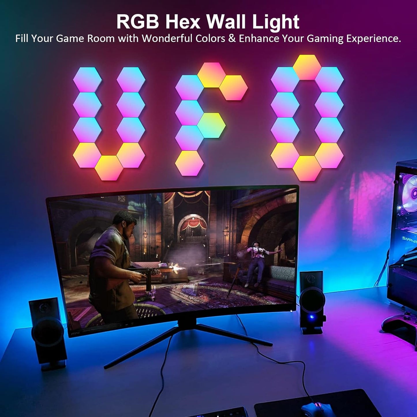 Hexagon LED Wall Light Panels: 12-Piece Smart Touch Sync Music Hex Lights for Gaming and Bedroom Decor