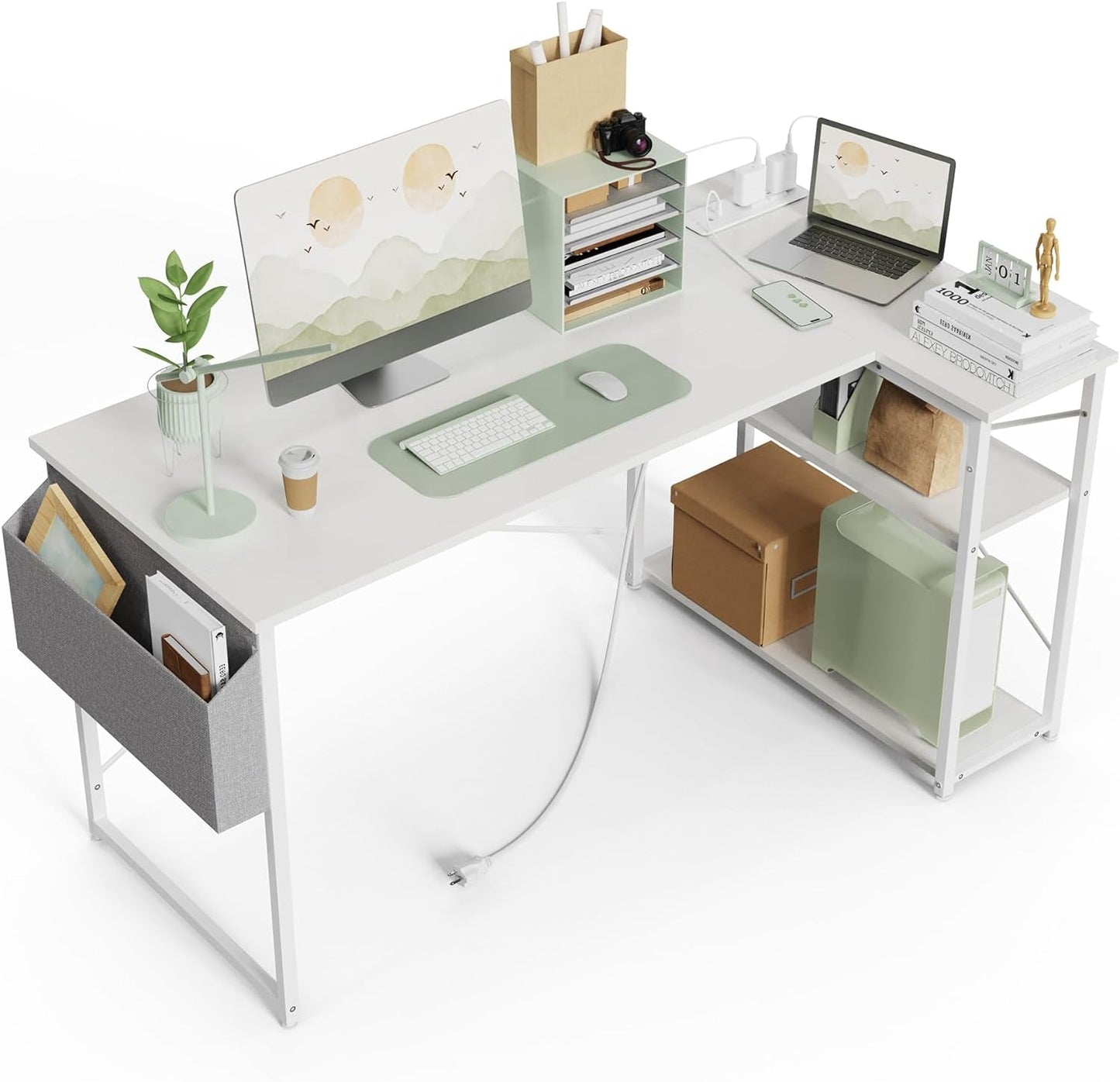 L-Shaped Computer Desk with Power Outlets, 40-Inch Reversible Shelves - Gaming and Home Office Use in Small Spaces, White