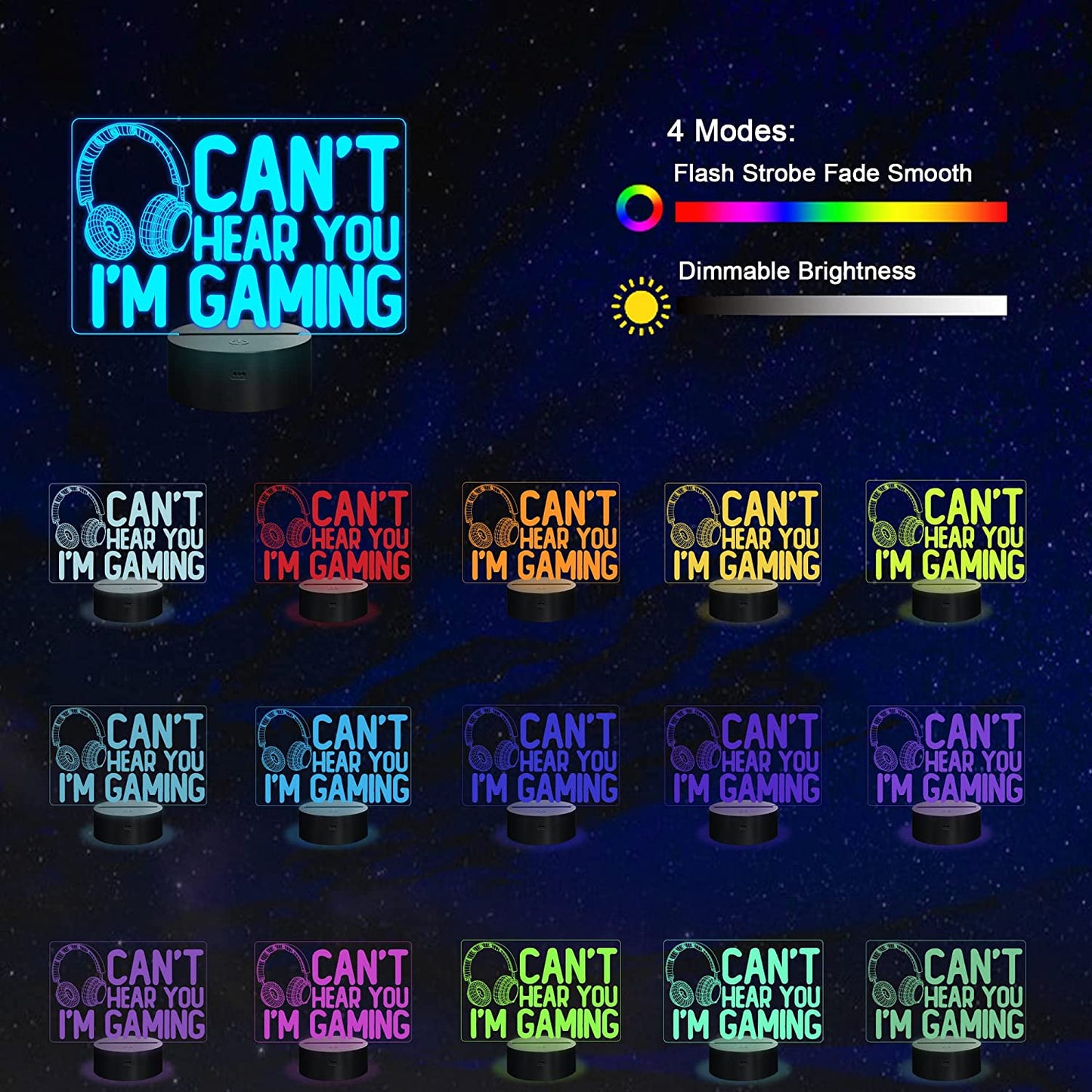 Gaming Night Light with Headset Graphic - 3D Illusion Lamp with 16 Color Options, Touch & Remote Control - Perfect Gift for Gamers, Teens, and Kids