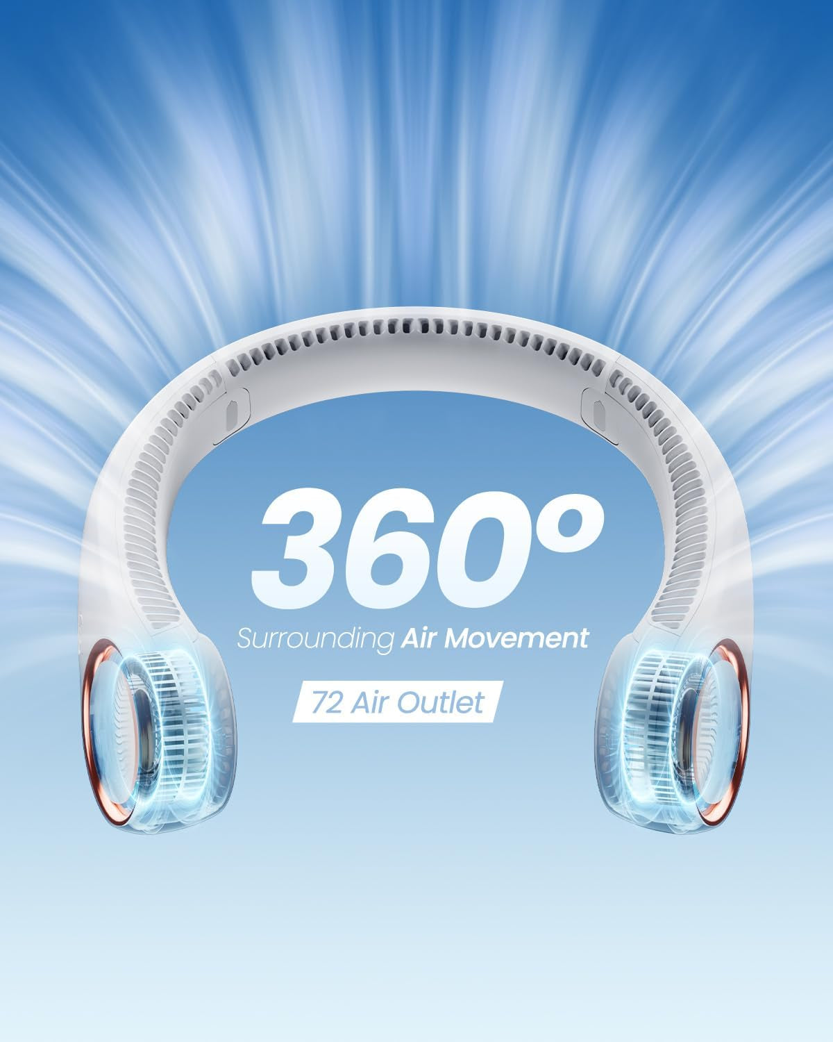 Rechargeable Bladeless Portable Neck Fan with Three Speed Settings and 72 Air Outlets - Wearable Personal Cooling Device for Travel and Office, White
