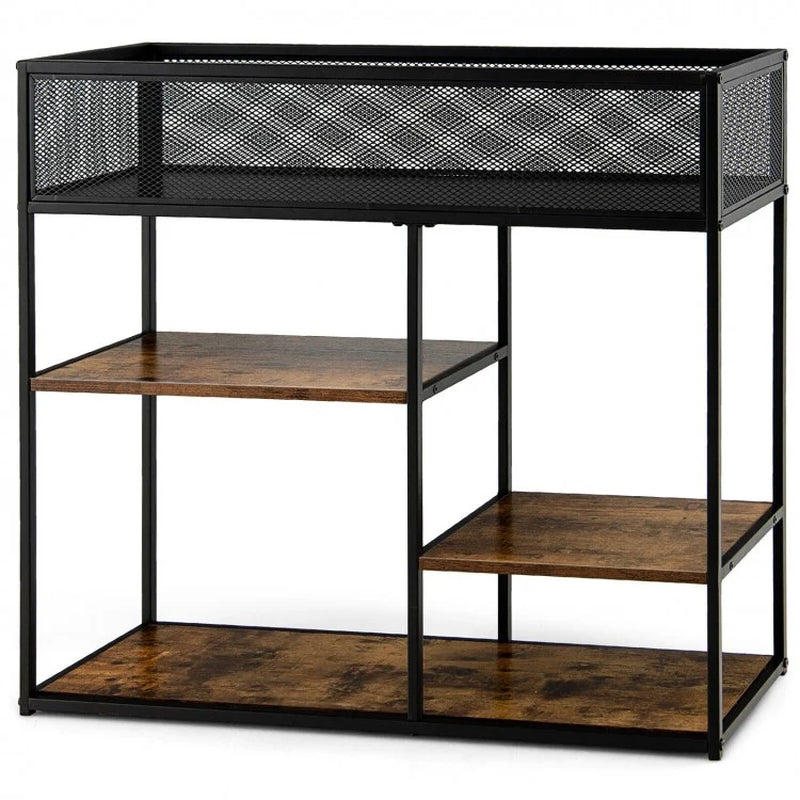 Industrial 4-Tier Console Table with Wire Basket and Shelf