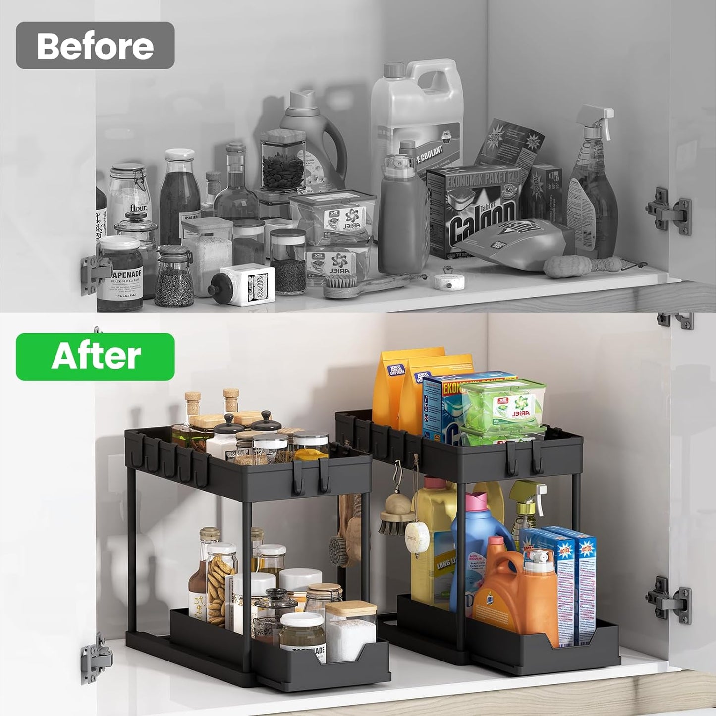 Under Sink Organizer and Storage Solution - 2-Tier Cabinet Shelf with 8 Hooks and Spice Rack for Kitchen and Bathroom