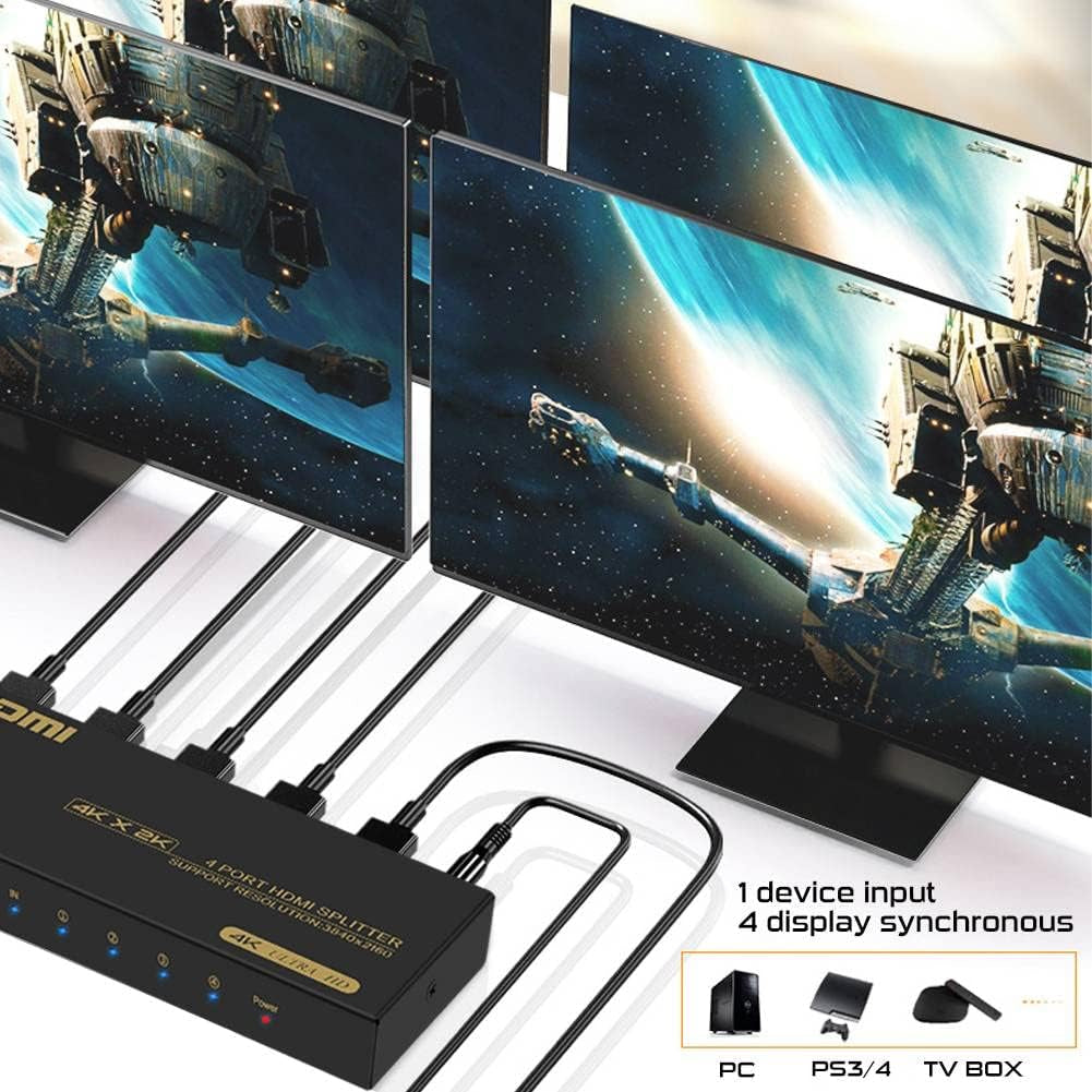 4K HDMI Splitter 1x4 - Supports 4K 60Hz, Full HD 1080P, and 3D, Compatible with Xbox, PS3/4, Roku, and Blu-Ray Players
