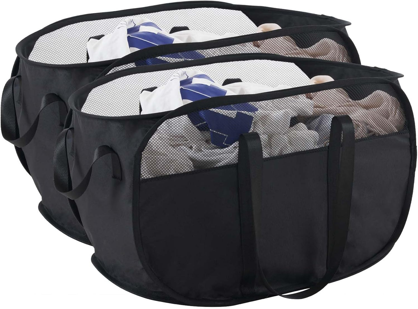 Collapsible Mesh Laundry Basket with Durable Handles and Pockets - Portable and Foldable Clothes Hamper