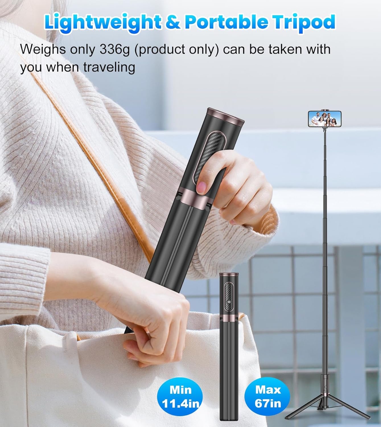 67-Inch All-in-One Travel Tripod and Selfie Stick for Smartphones with Integrated Wireless Remote - Portable, Lightweight, and Extendable for iPhone/Android (Black)