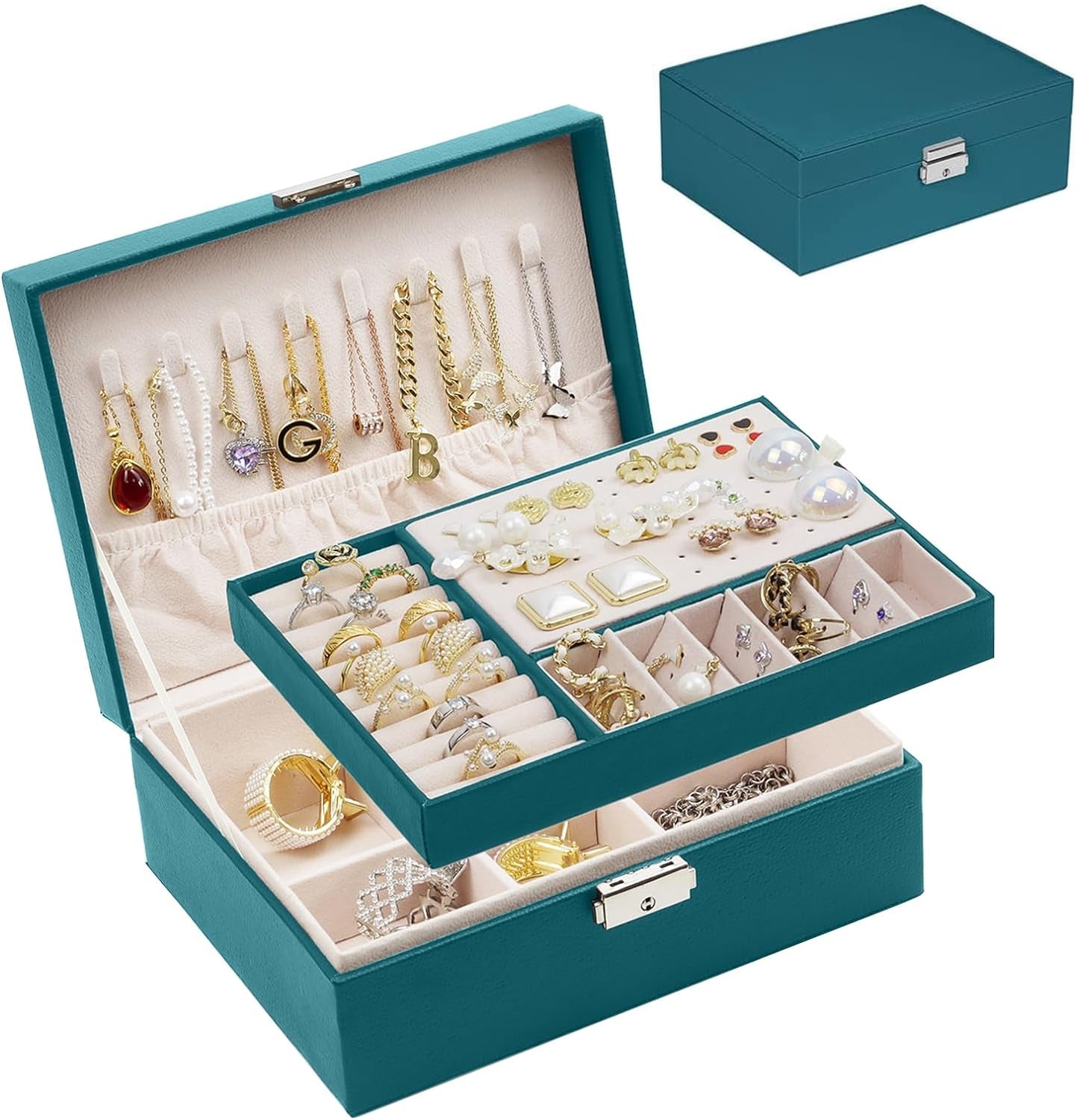 Elegant 2-Layer Jewelry Organizer Box in Black PU Leather with Soft Lining and Lock for Rings, Earrings, Necklaces, Bracelets